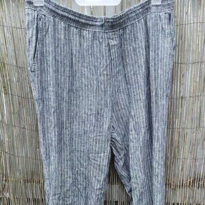 Ellen Tracy Linen Rayon Loose Flowing Striped Pants Elastic Waistband Ties - L